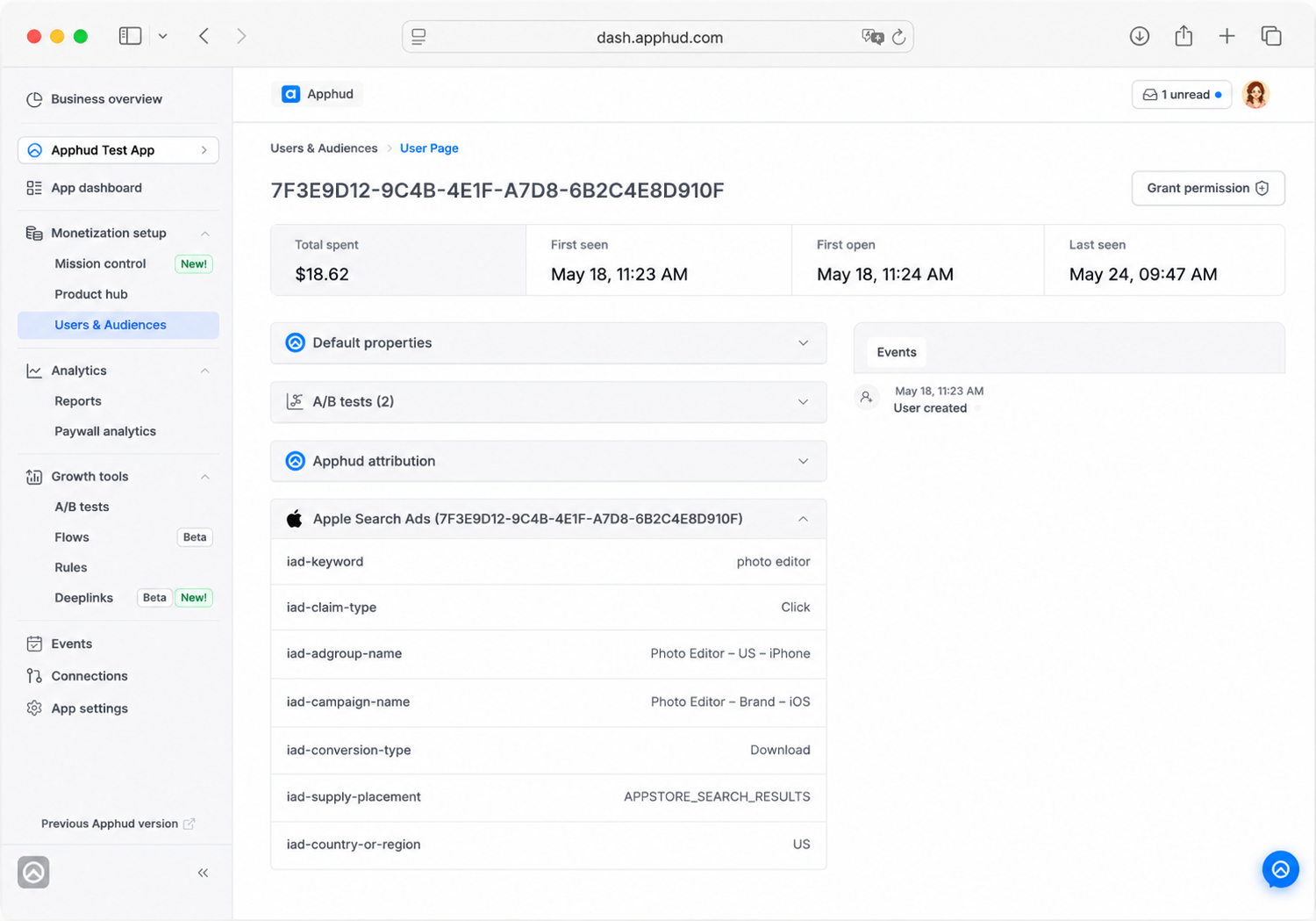 Apple Search Ads attribution on user page