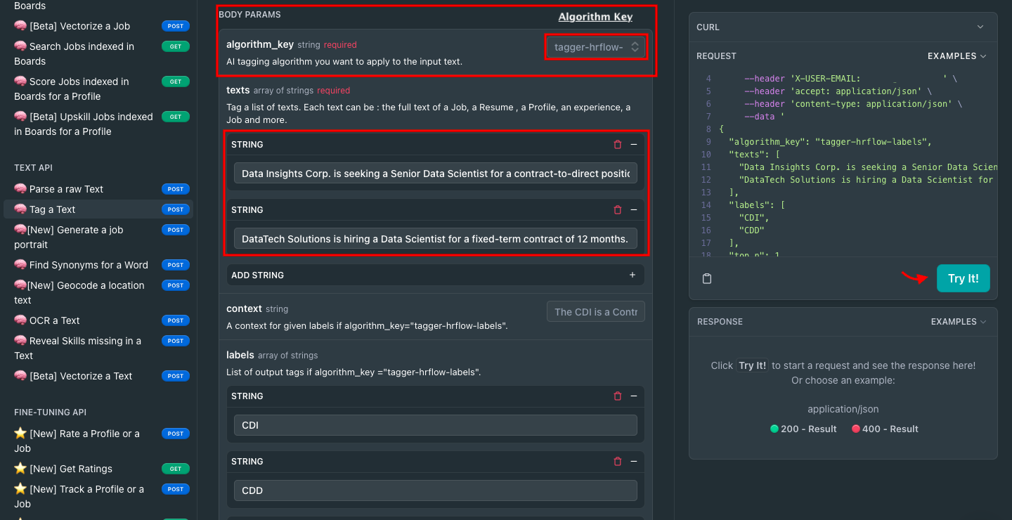 Tagging API Reference > Algorithm key & Text Inputs