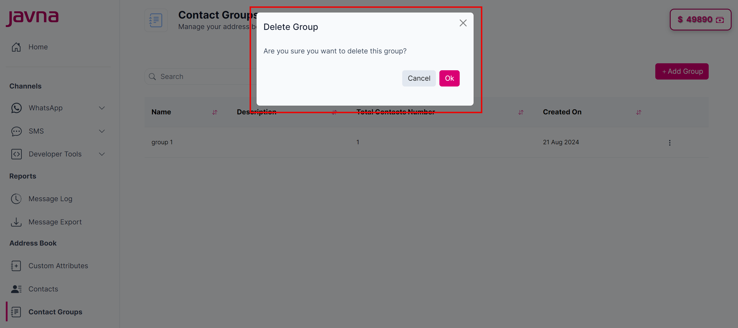 Fig 180: The "Delete Group" confirmation dialog.