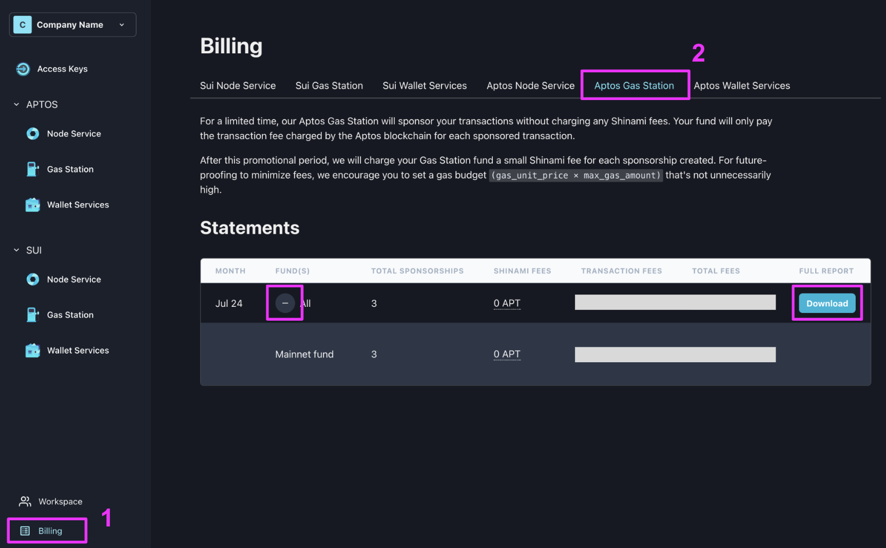 Step 1: select the Billing page. Step 2: select the Aptos Gas Station tab.