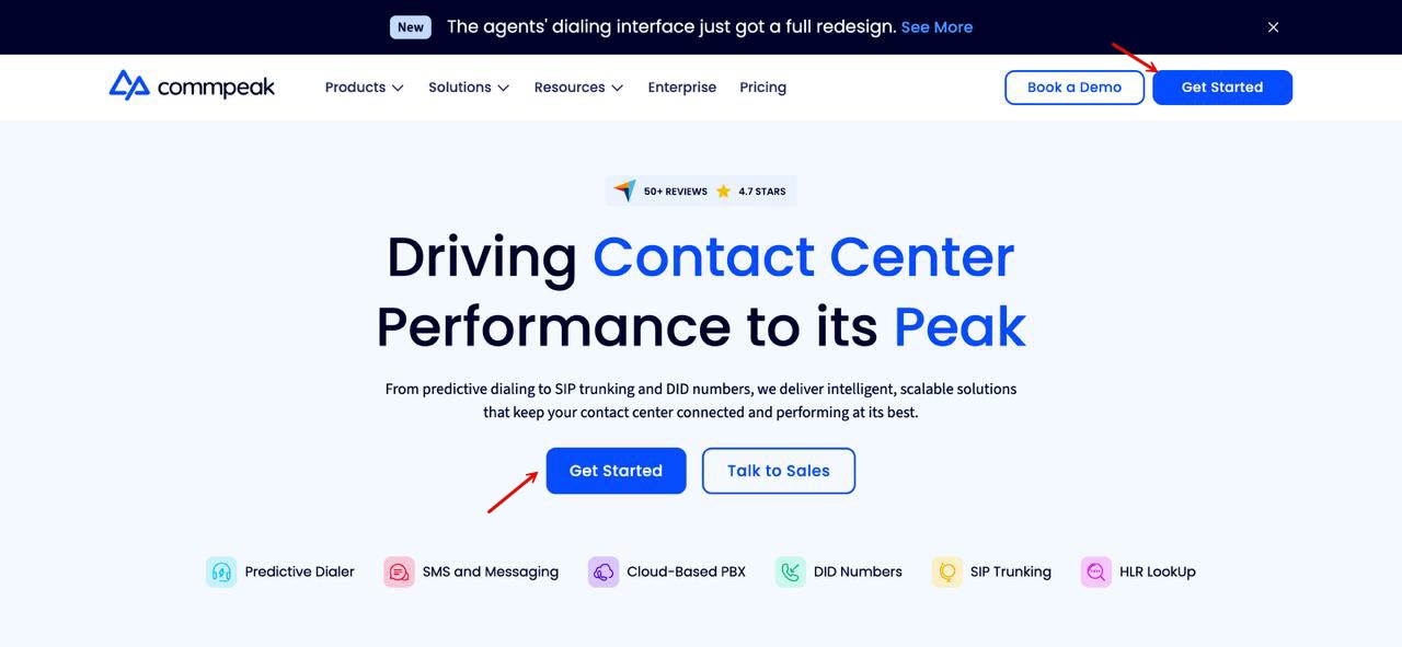 Screenshot of CommPeak Home page: Get Started button