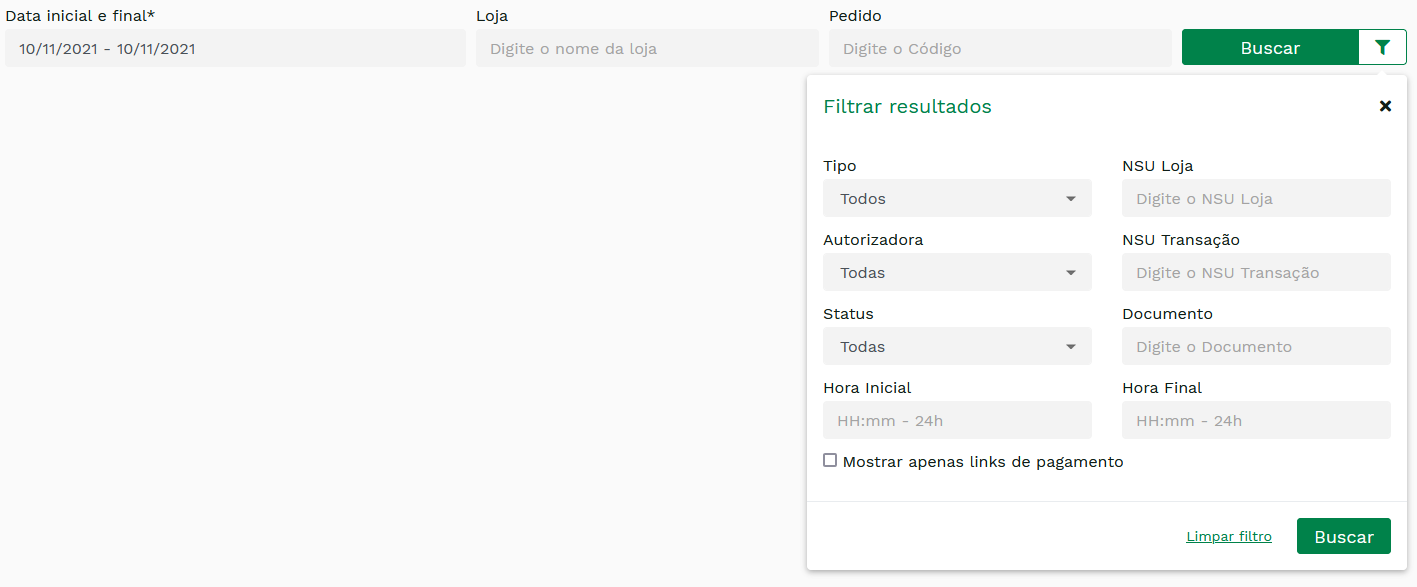 "Filtros do Relatório de Transações." -no-filter