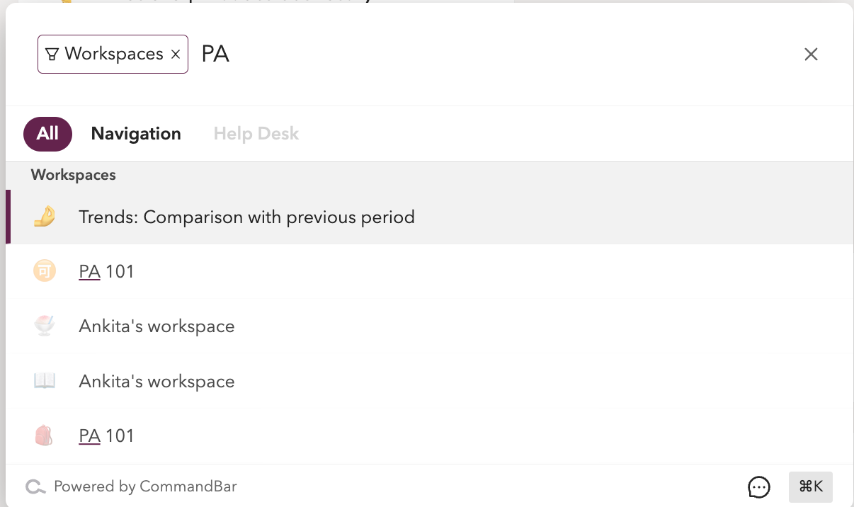 `/workspaces` and `/block` command to search specifically