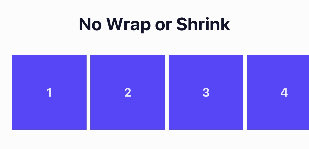 In this example, Flex Shrink is set to 0, allowing the containers to retain their set dimensions, however, they overflow off the screen