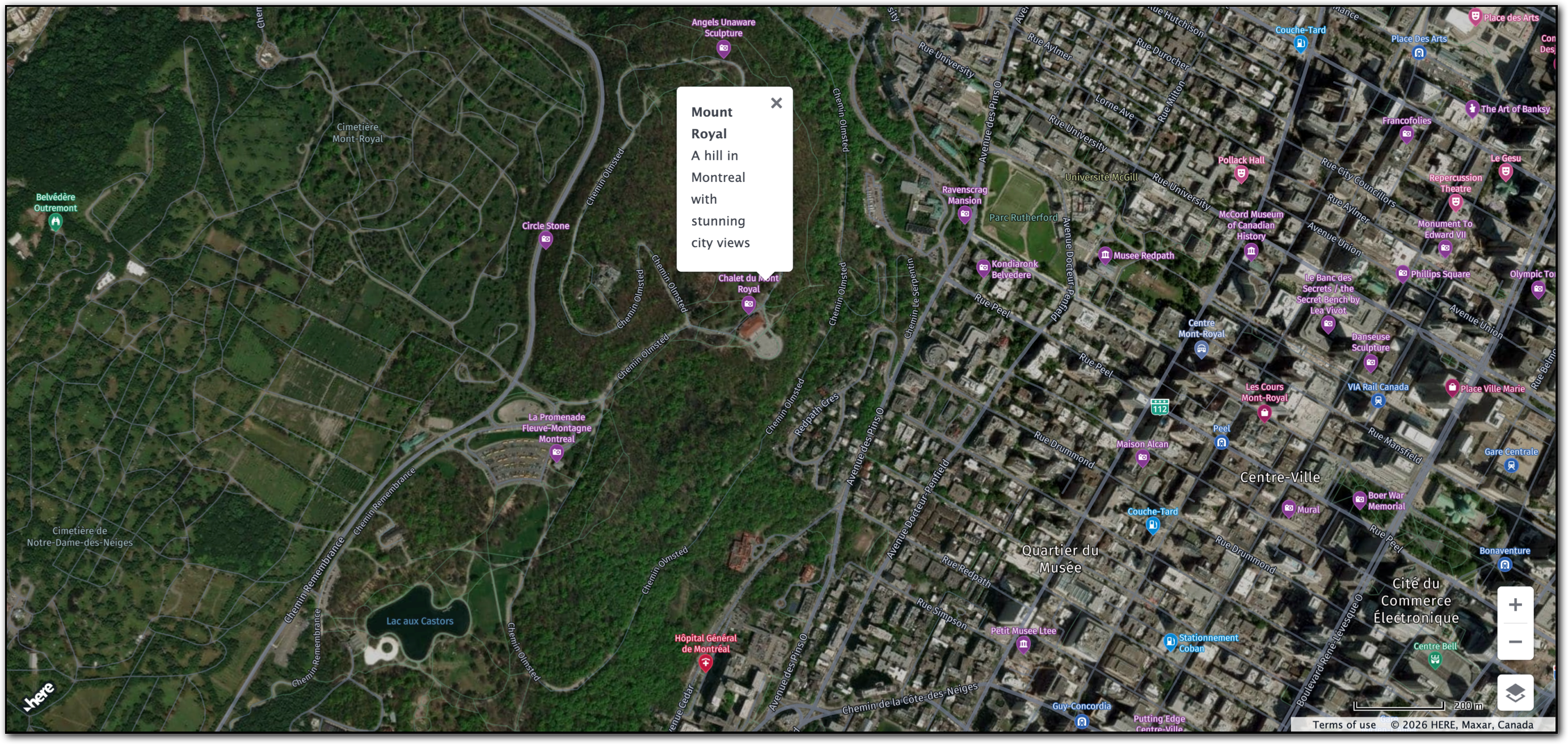 A map rendered with the HERE Maps API for JavaScript and both HERE Raster Tile API and Vector Tile API tile providers
