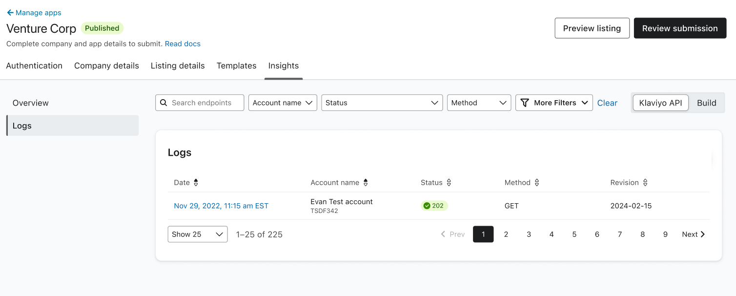 API logs tool with aggregate metrics displayed.