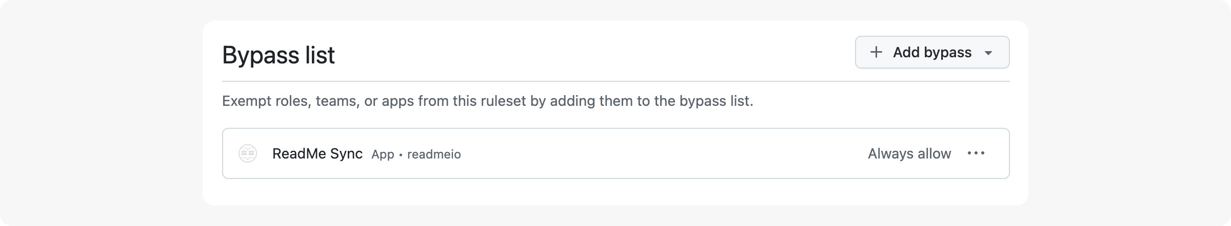 Adding ReadMe Sync to the GitHub Rulesets bypass list for direct push access.