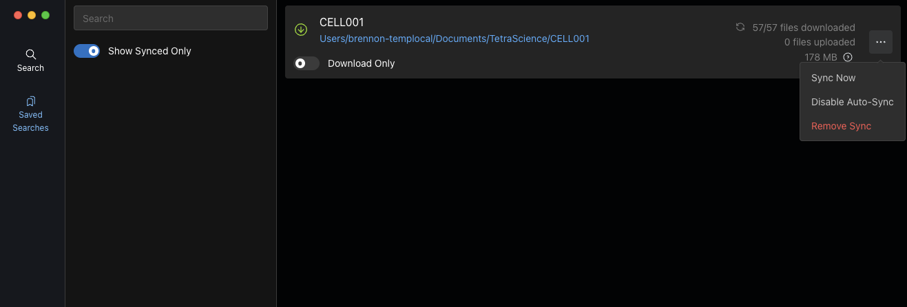 Saved search context menu showing the Sync Now, Disable Auto-Sync, and Remove Sync options