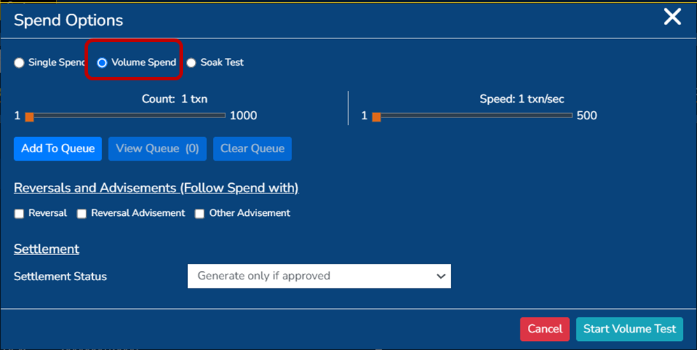 Test screen: selecting volume spend