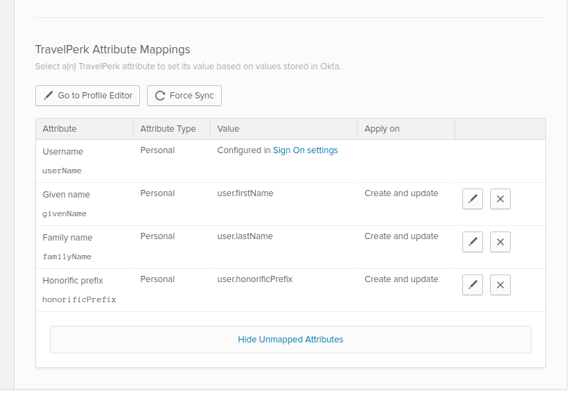 The Okta provisioning attributes list showing the default Perk attributes: Username, Given Name, Family Name, and Honorific Prefix.