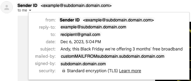 An email received with a Custom MAIL FROM configured (see "mailed-by" field)
