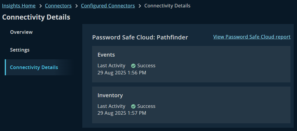 Connectivity details for a connector in Insights