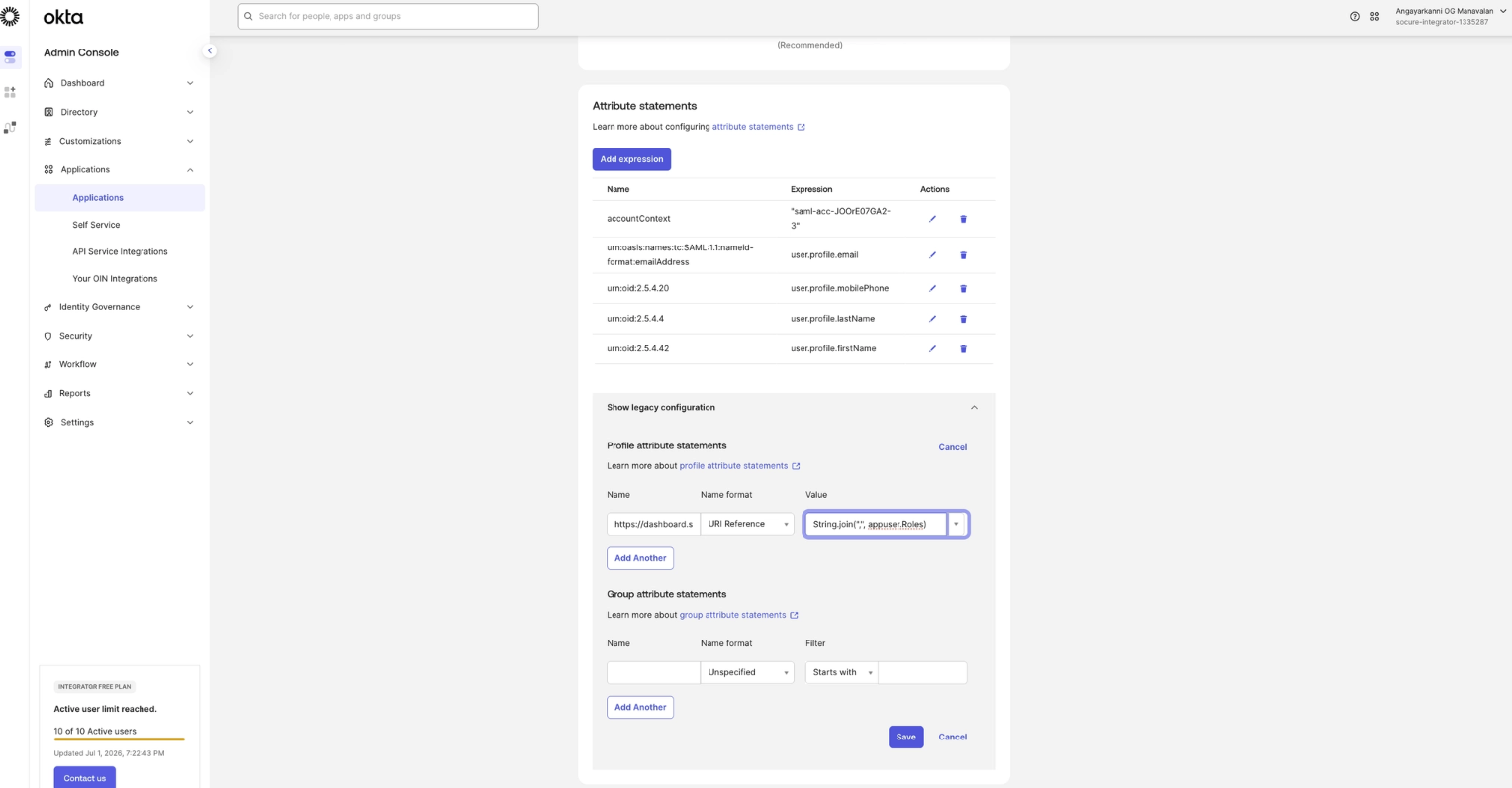Okta attribute mapping with the RoleName expression entered