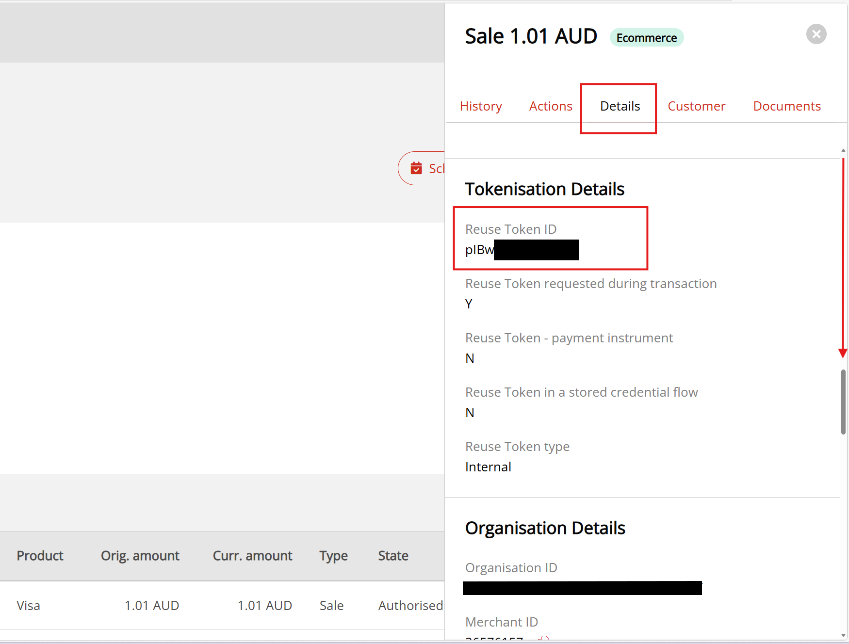 Token details in the OnlinePay dashboard