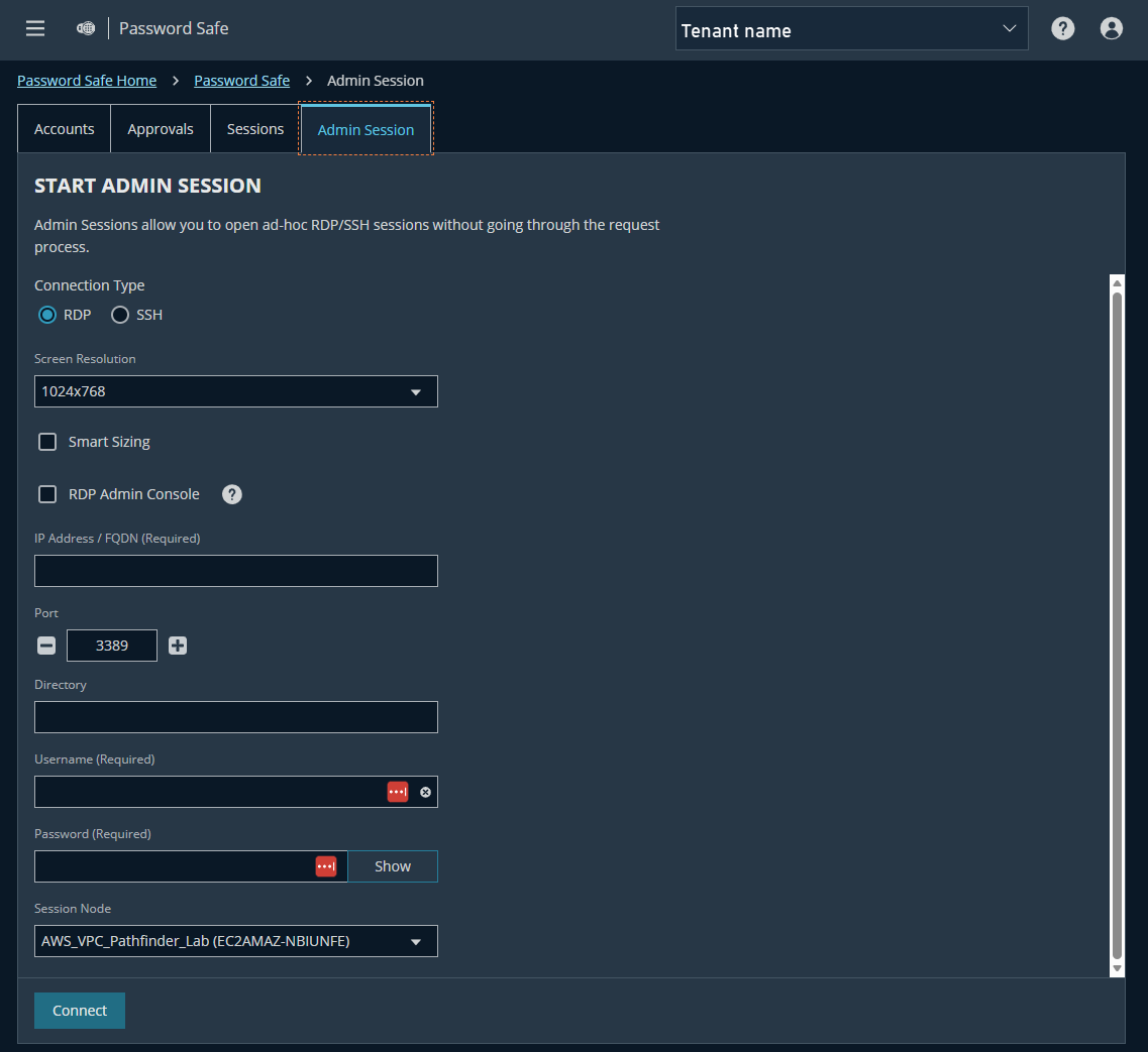 Password Safe Admin Session tab