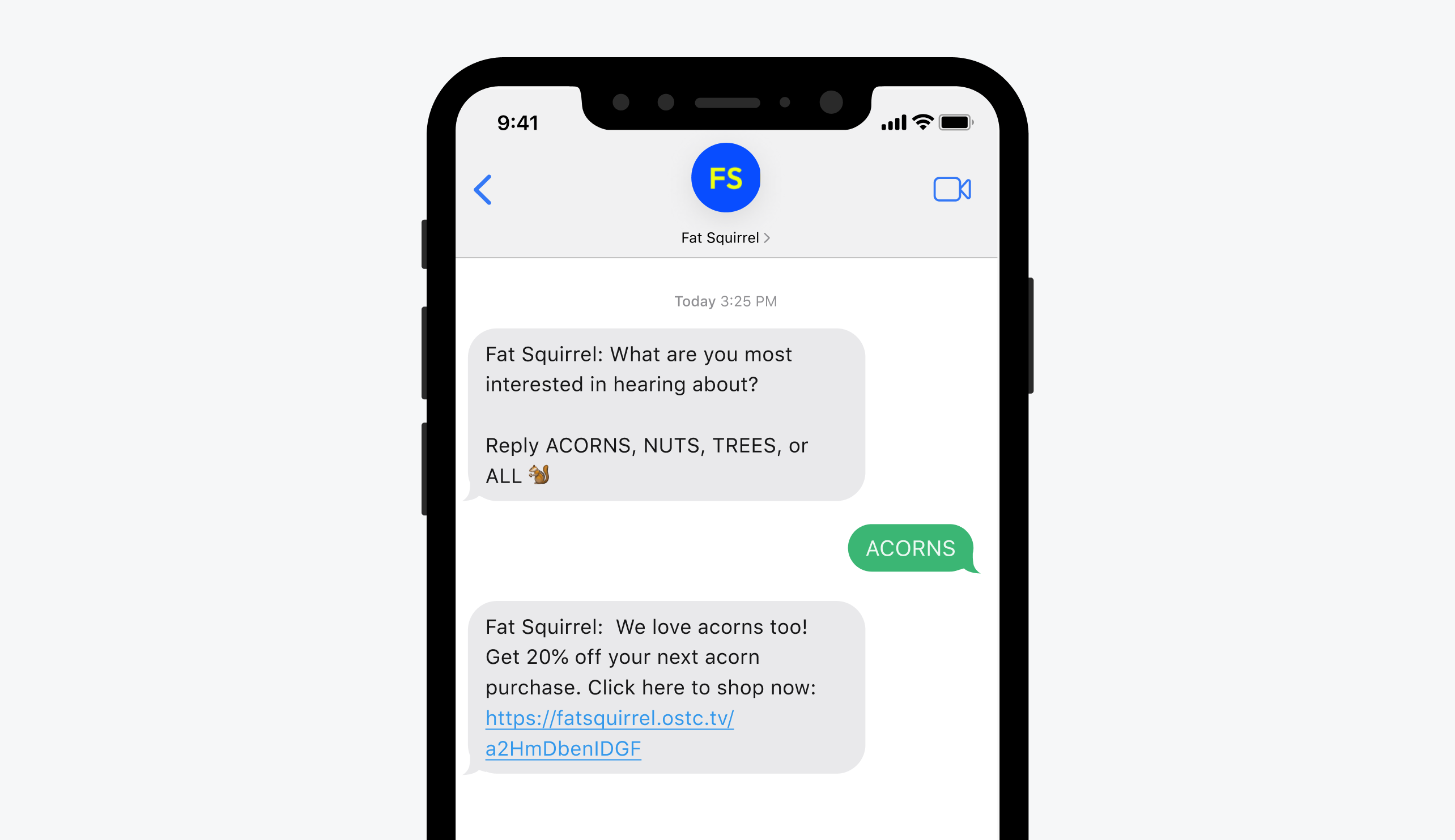 Texts from brand FatSquirrel asking whether a user likes acorns, nuts, or trees. The user responds Acorns. FatSquirrel says they love acorns too and responds with a promo link