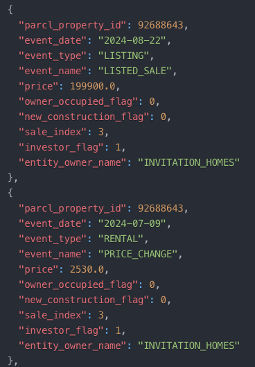 Example JSON for events returned by Property Event History endpoint