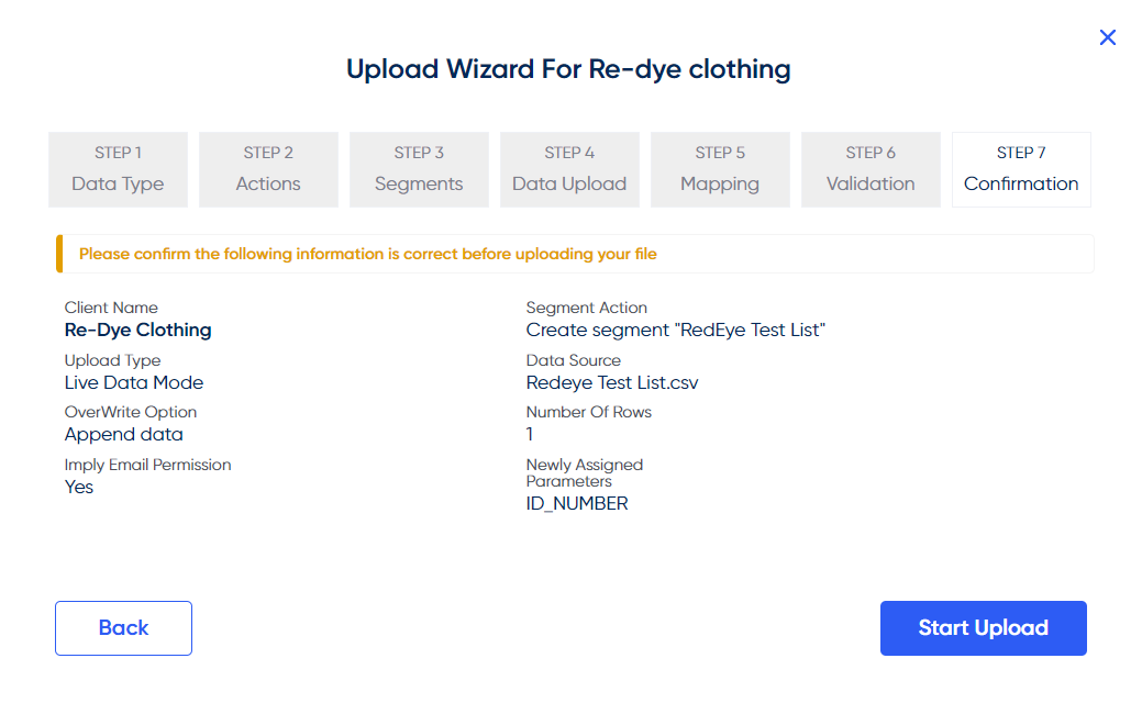 The final screen will display a breakdown of all elements to **review **before committing to the data list upload.