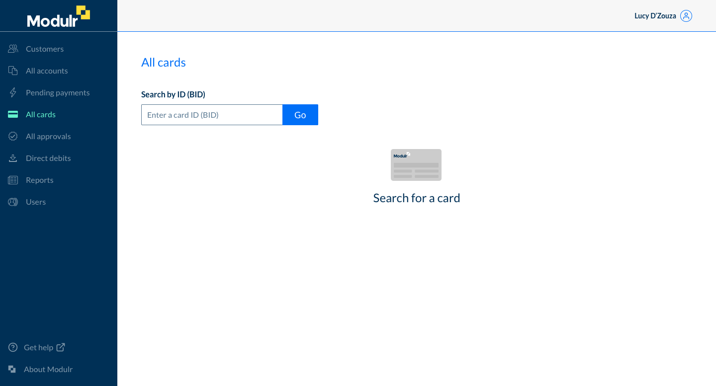 Select 'All cards' from the side menu to search for any card across any customer or account