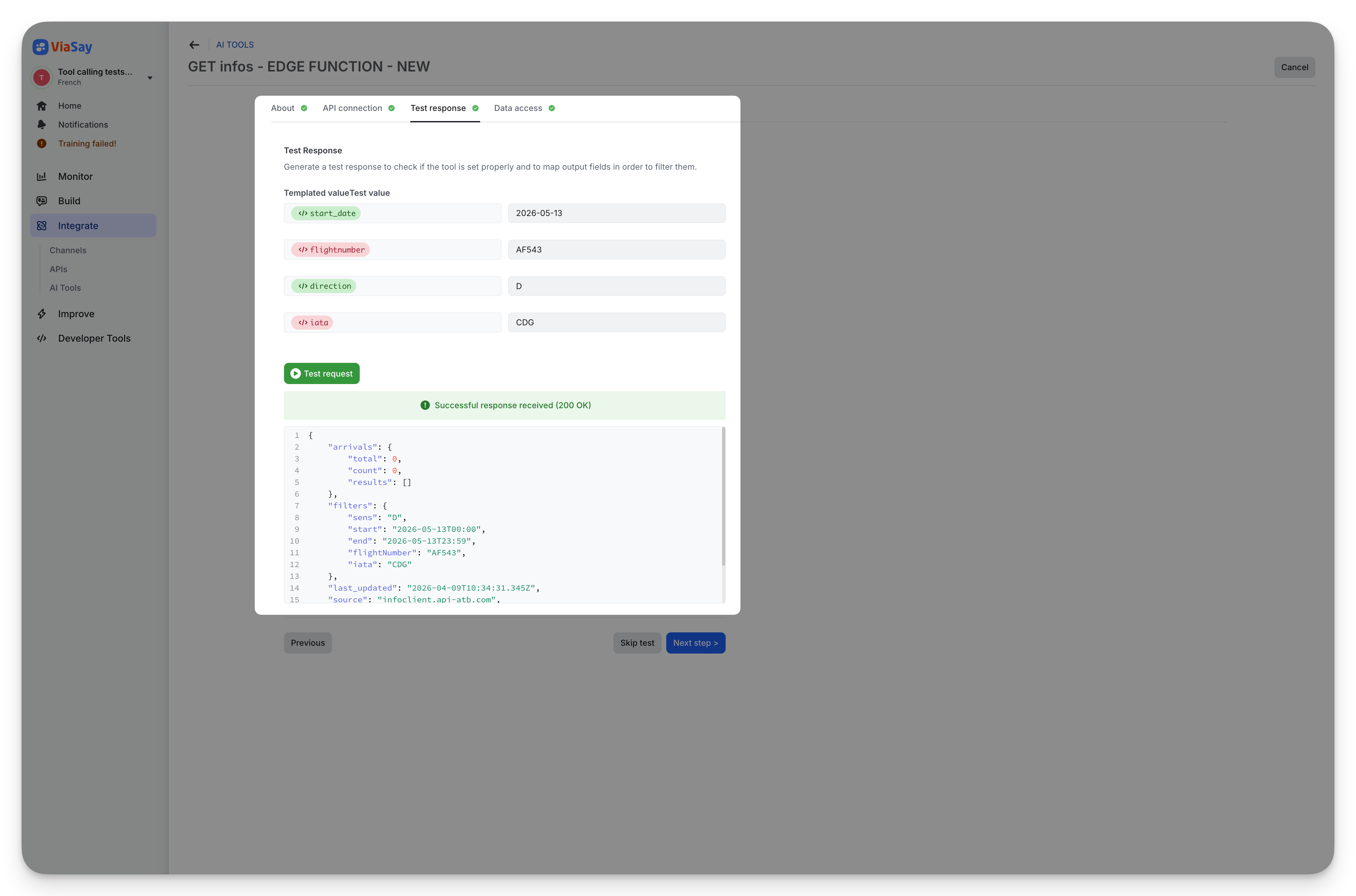 Test Response step — enter sample values, execute, and inspect the JSON response
