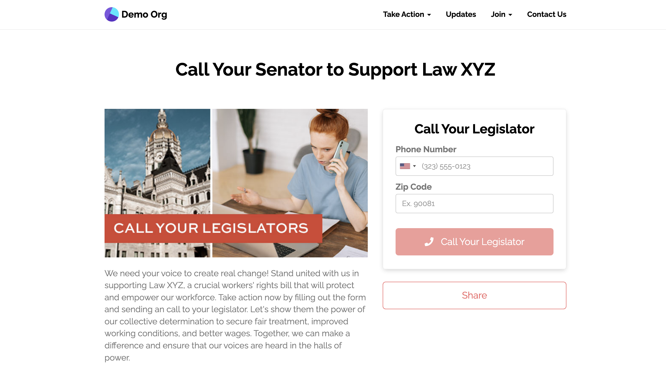 View the [example Call Legislator page here](https://demo.solidarity.tech/call-legislator)