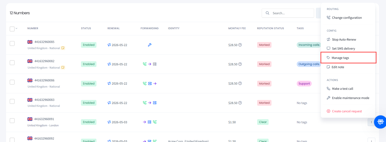 Screenshot of selecting the Manage tags action