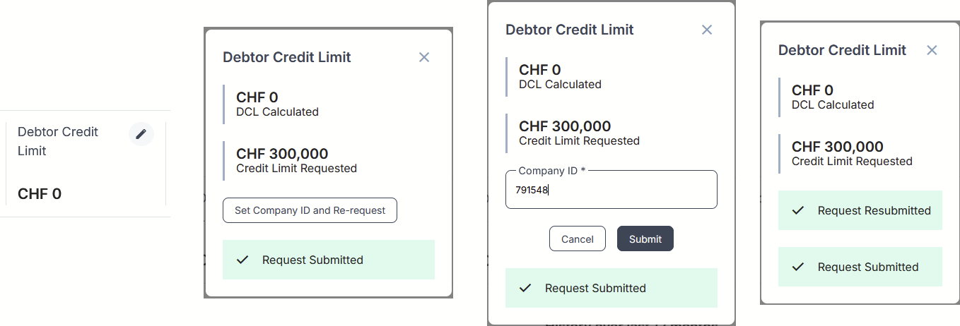 How the credit limit modal will appear as a user progresses through the resubmission