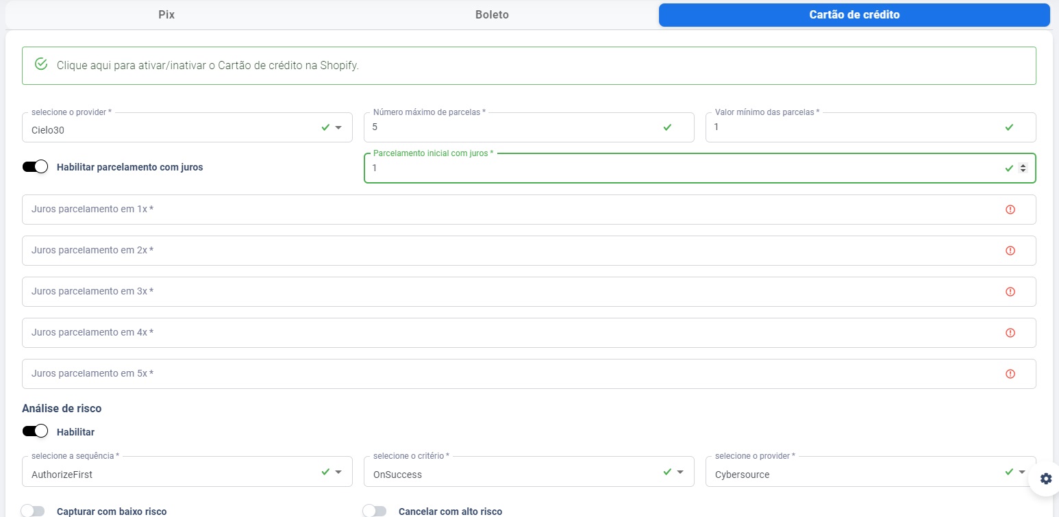 Tela para configurar caso queira os juros por parcela