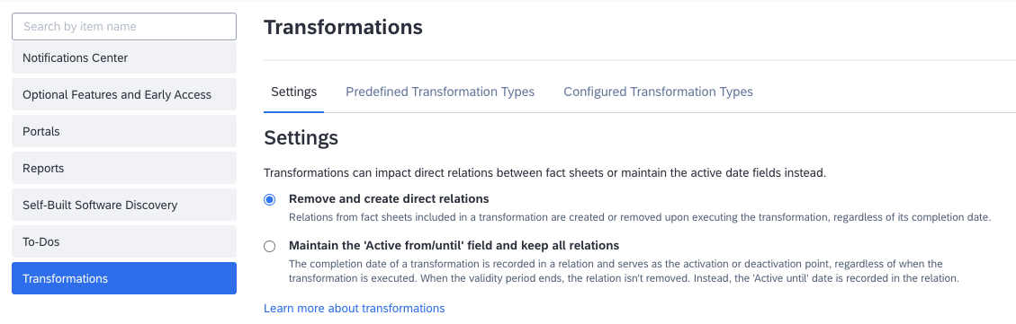 Configuring Relation Settings for Transformations