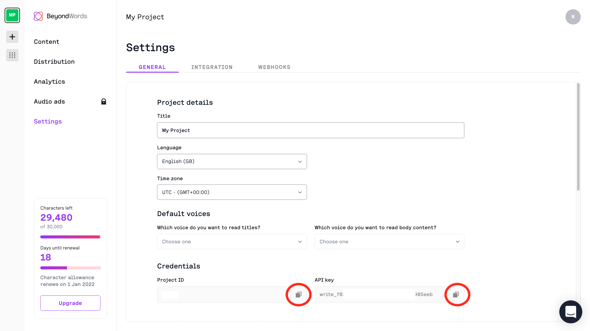 Project ID and API key in BeyondWords project settings.png