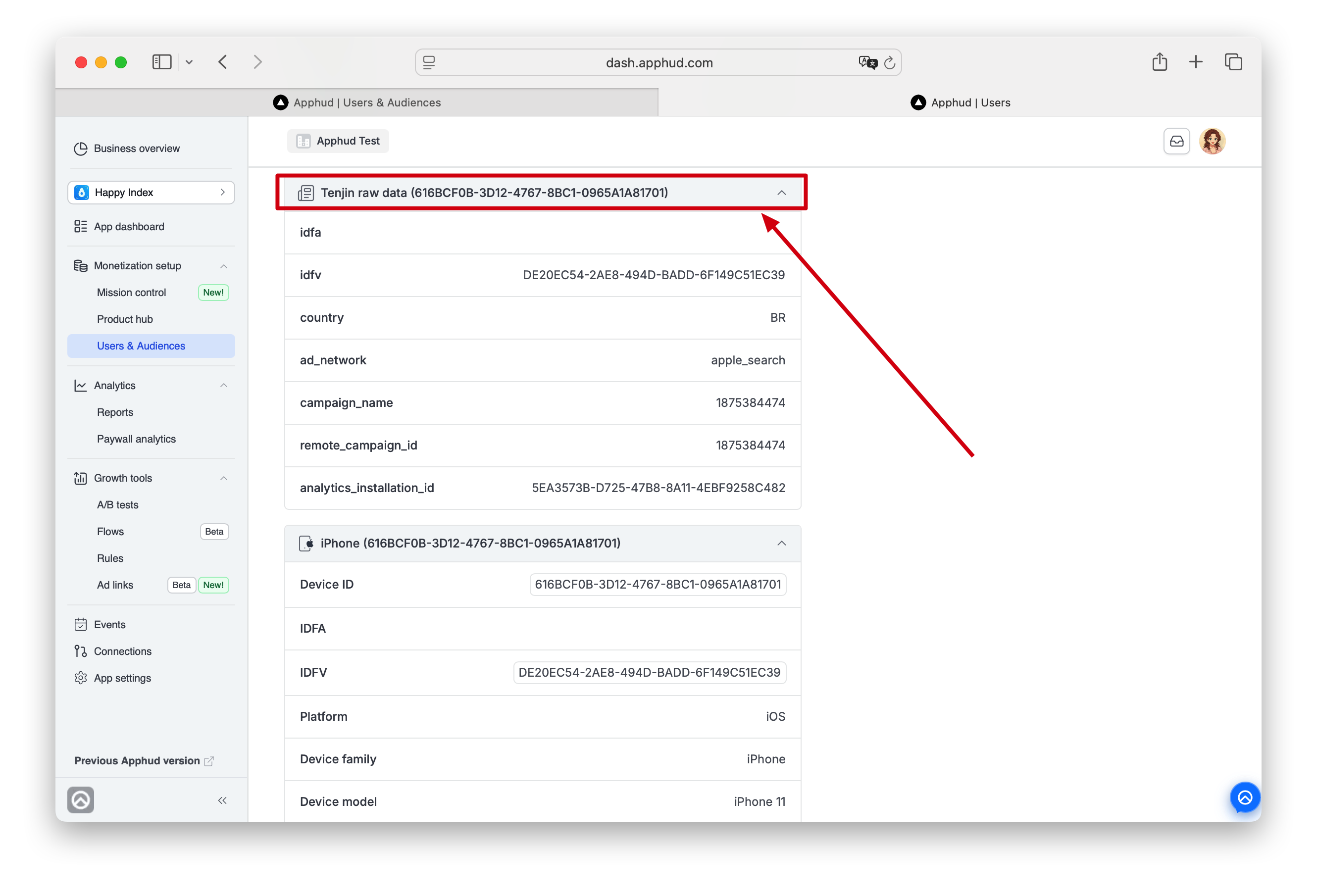 Tenjin - Attribution data on user page