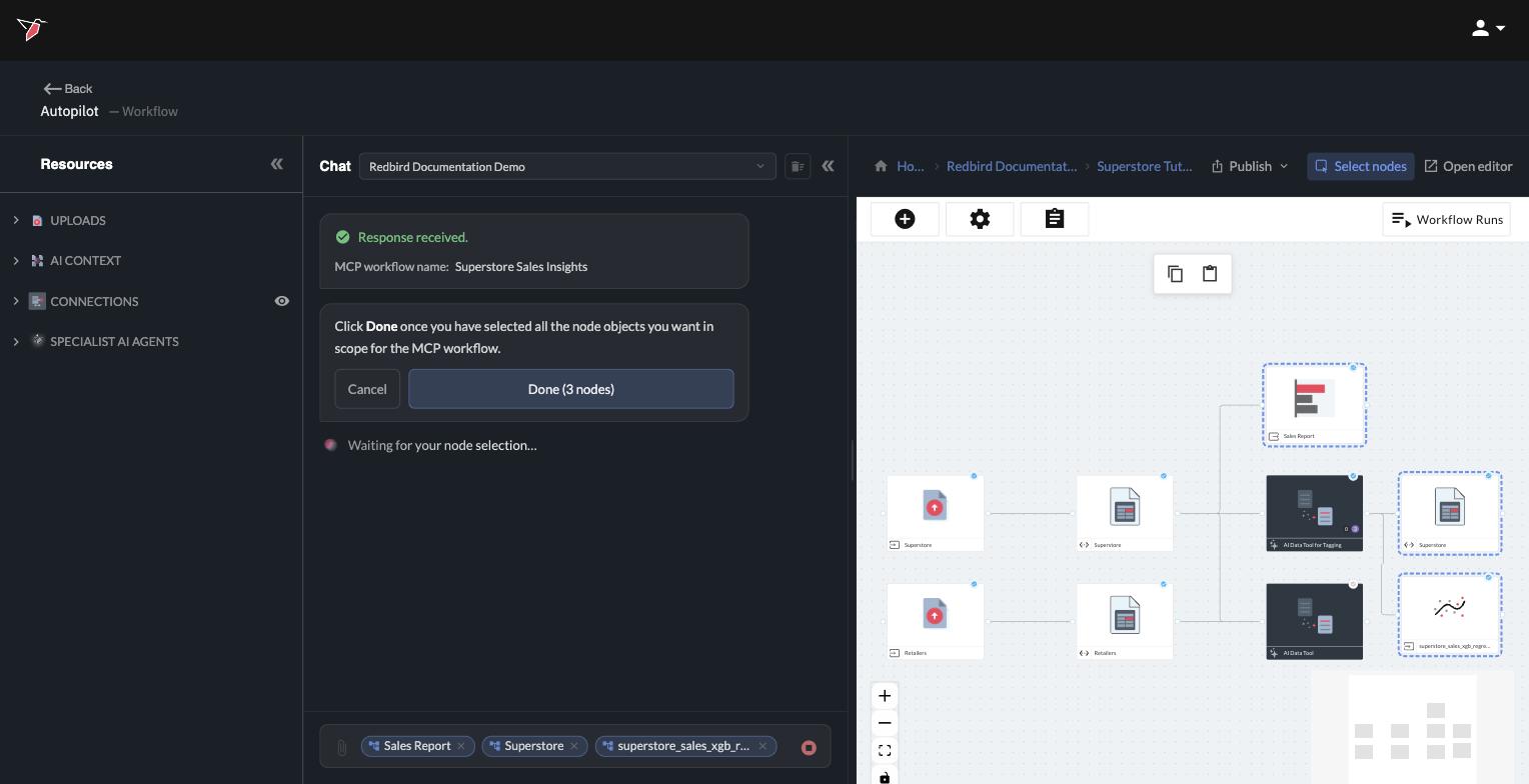 A presentation, a dataset, and a data science model selected on the canvas, with the Done button in the chat