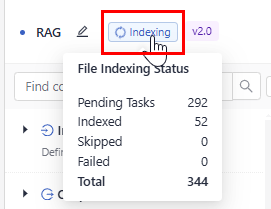 The mouse over the indexing tag with files indexing status showing