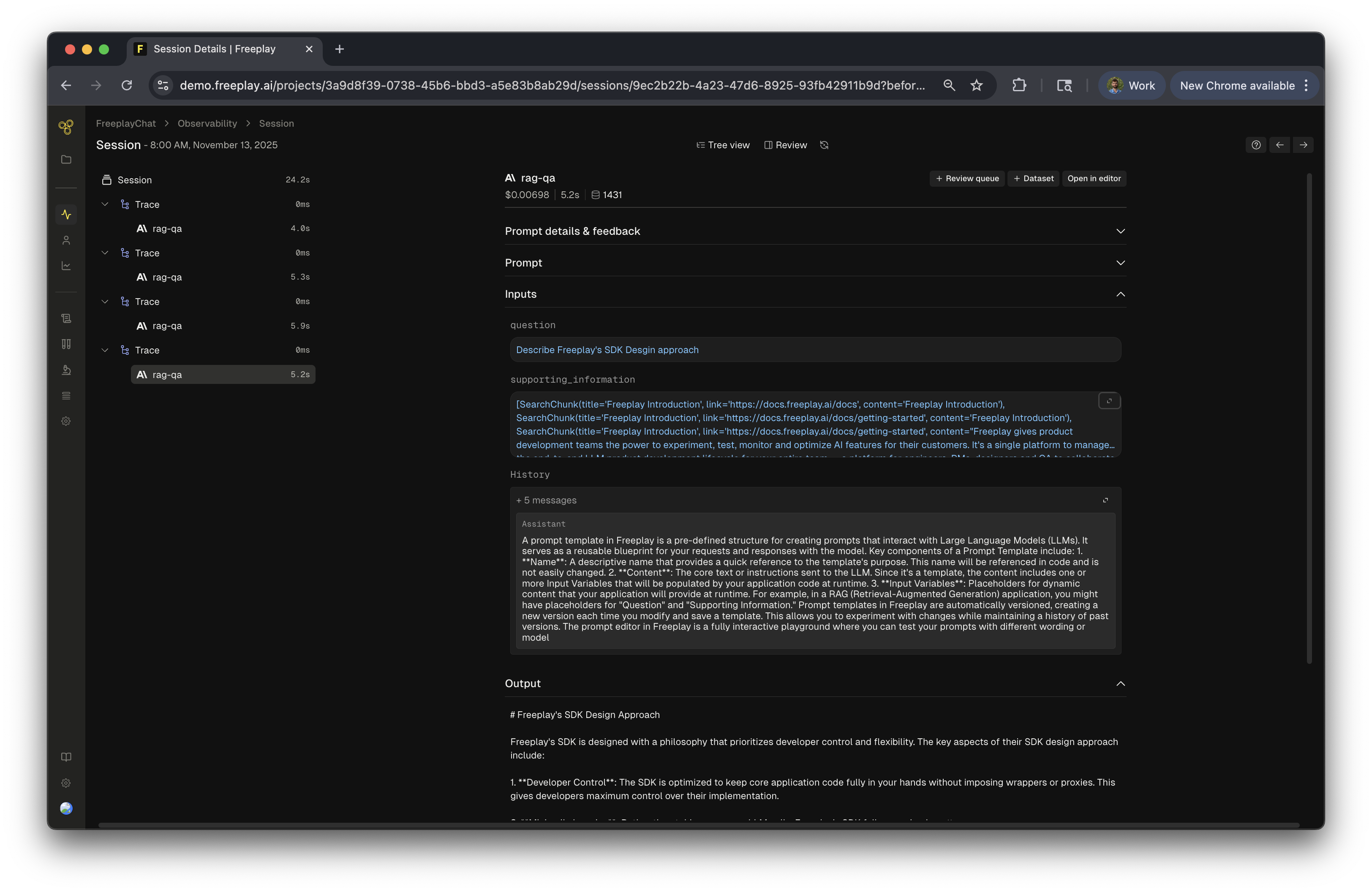 Completion detail view with prompt and inputs