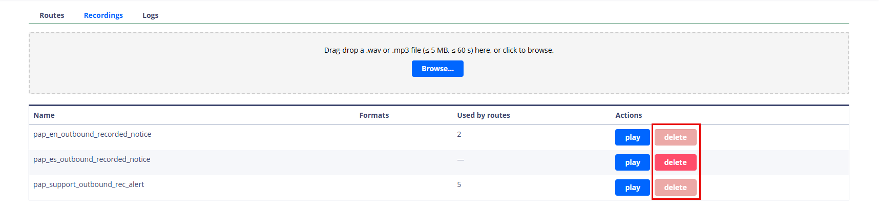 Screenshot of the Recordings tab with Delete buttons