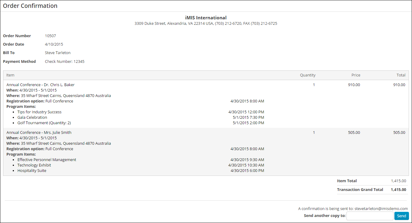 Order confirmation page