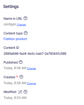 Screenshot of the Settings section of a product entry showing Name in URL, Content type, Content ID, Published, Created, and Modified fields.
