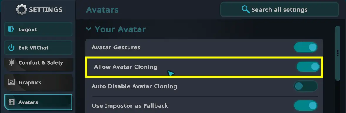 allow avatar cloning under avatar settings 