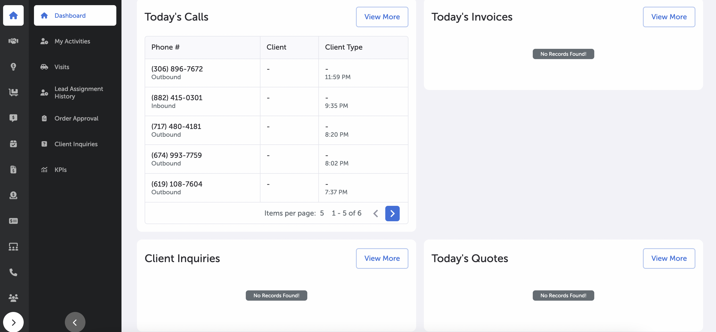 Dashboard - Today's Calls, Today's Invoices, Client Inquiries, & Today's Quotes