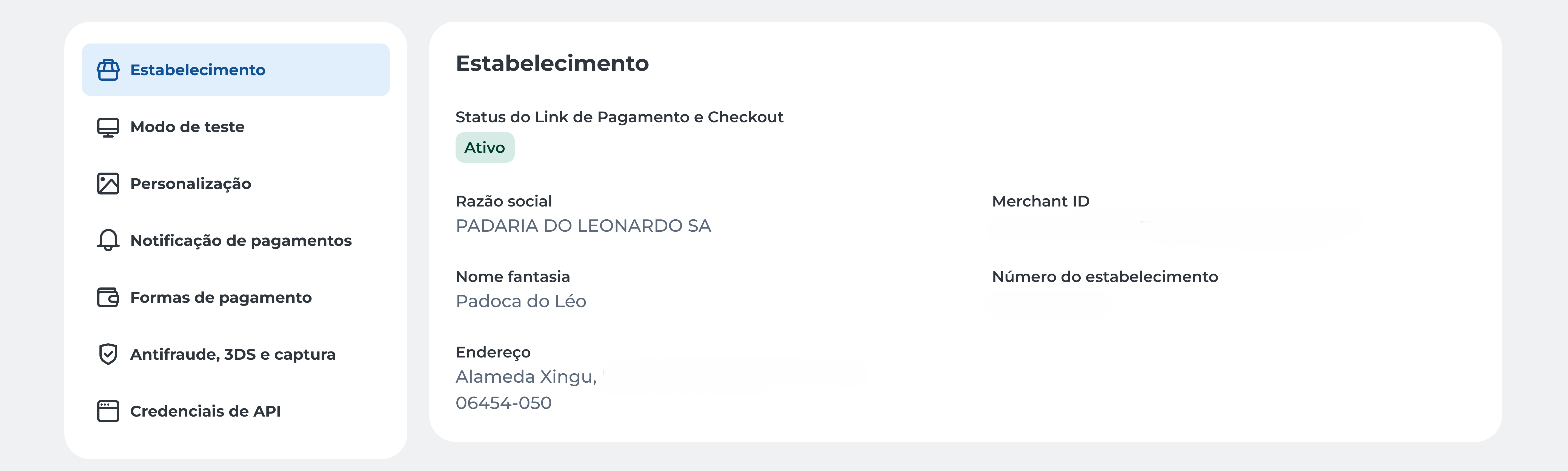 Tela da página Estabelecimento mostrando dados do estabelecimento selecionado e status do Link e Checkout