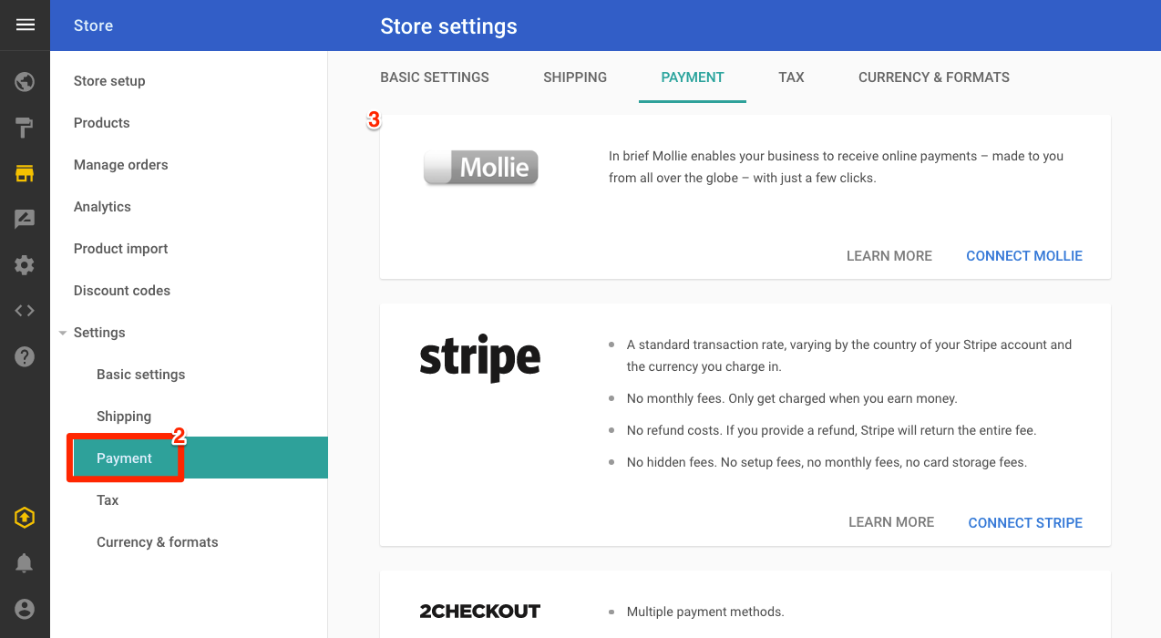 Store settings page
