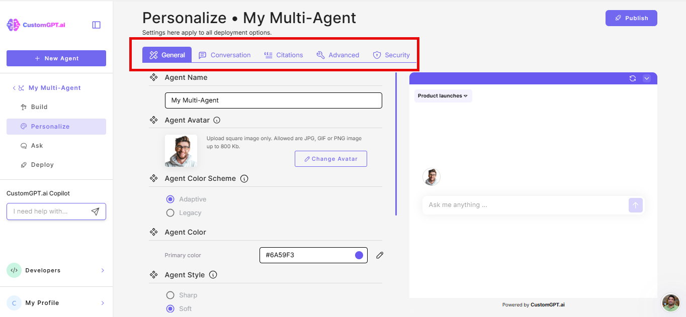 Personalize options for master agent 