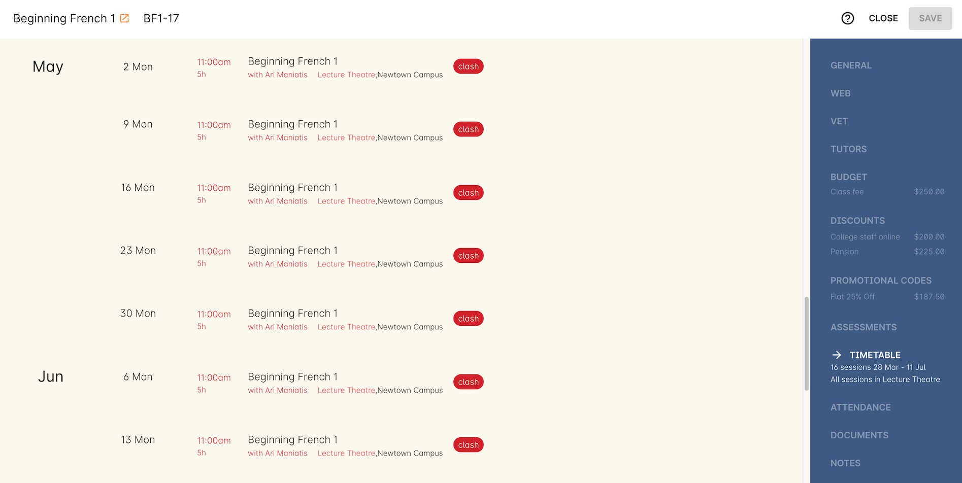 Figure 360. This class shows a number of sessions with double booked resources