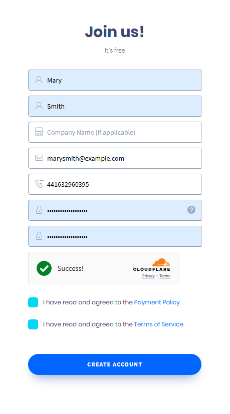 Screenshot of the Join Us form