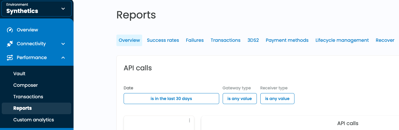Top headers of Spreedly's reporting page