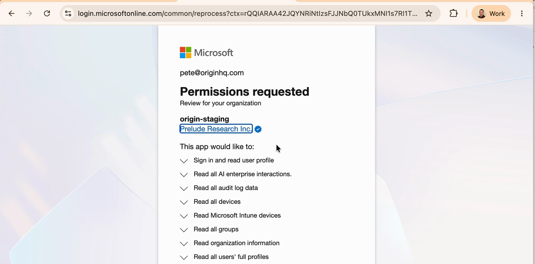 The Microsoft admin-consent screen for the Prelude Research Inc. application, listing the requested read-only permissions.