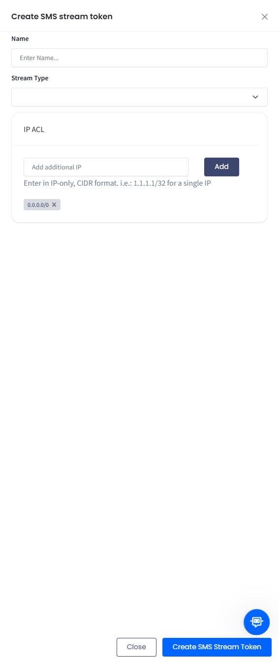 Screenshot of the Create SMS Stream Token button