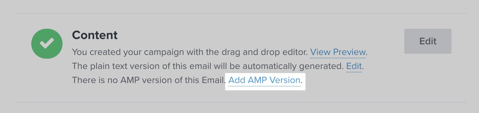 Within the Content section of a presend checklist, the Add AMP Version button is highlighted