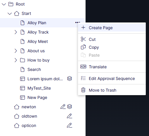 Screenshot of the Create Page menu where selecting a page type to create a new page