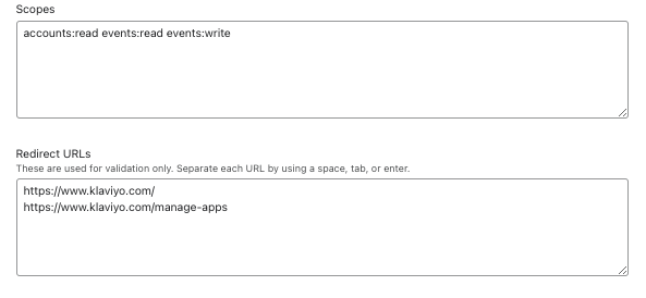 Textboxes for listing scopes and redirect URLs, respectively.